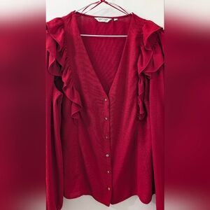 Naf Naf Elegant Red Ruffle Blouse Size 42